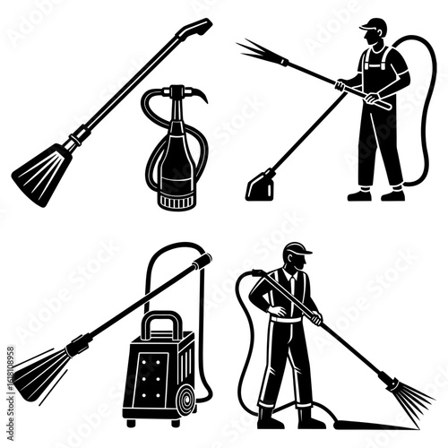 Illustrations depicting various pressure washing equipment and operators in black and white vector format