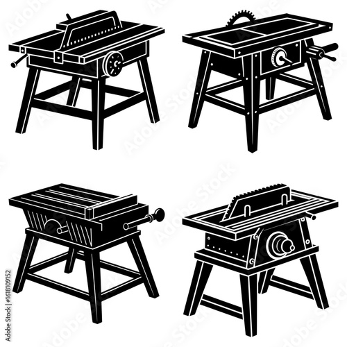 Four illustrations of table saws with different designs in a black and white vector graphic style image