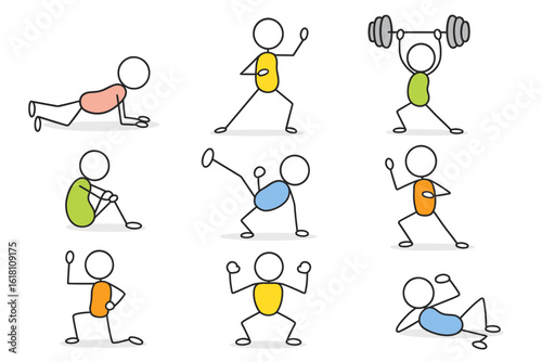 Set of figures performing various workout exercises in colorful style  