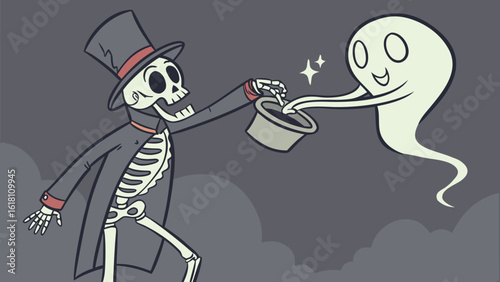 A skeleton magician with a top hat performing a magic trick with a cute ghost on a dark background
