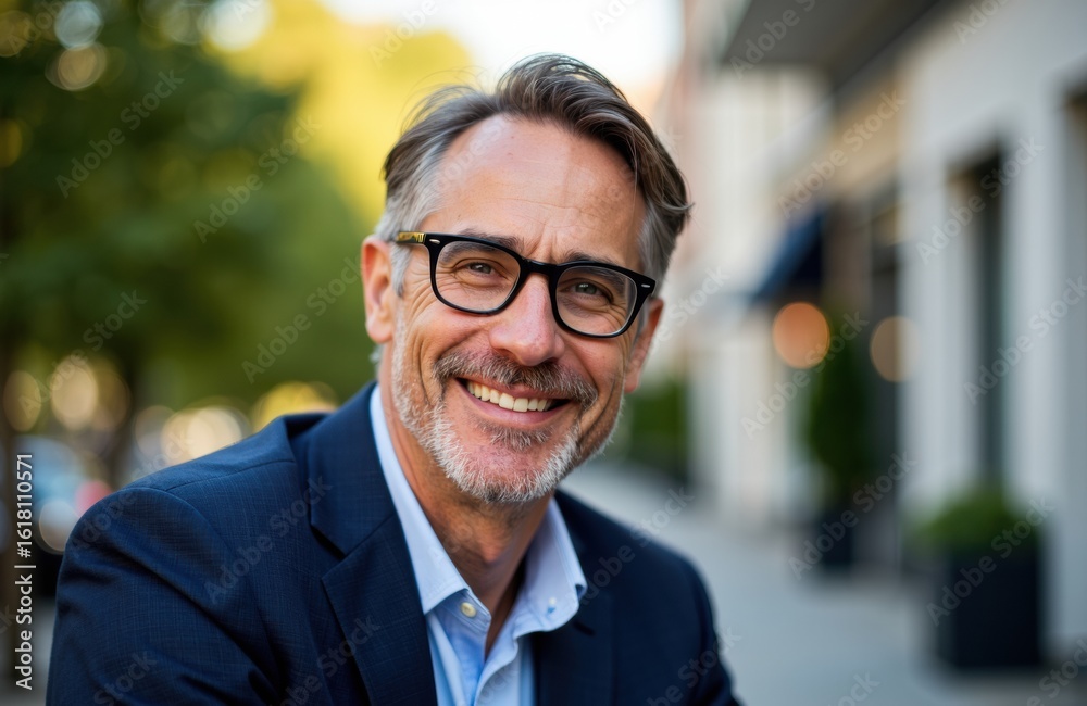 Fototapeta premium A smiling middle-aged man wearing glasses and a suit outdoors on a sunny day