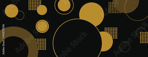 Geometric background with black background and gold circles. Modern background with black and gold color scheme and dotted texture. Abstract geometric circle pattern background vector