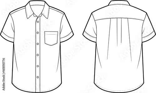Short sleeve men’s shirt technical flat sketch, fashion vector design front and back, cad drawing for apparel illustration, sewing reference