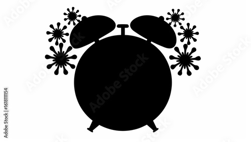 Silhouette of a vintage alarm clock with bells surrounded by starbursts in a symmetrical arrangement