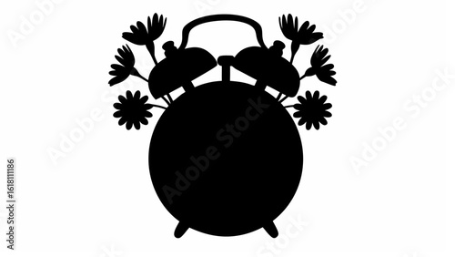 Silhouette of an alarm clock adorned with floral accents and a classic bell design with a handle at the top