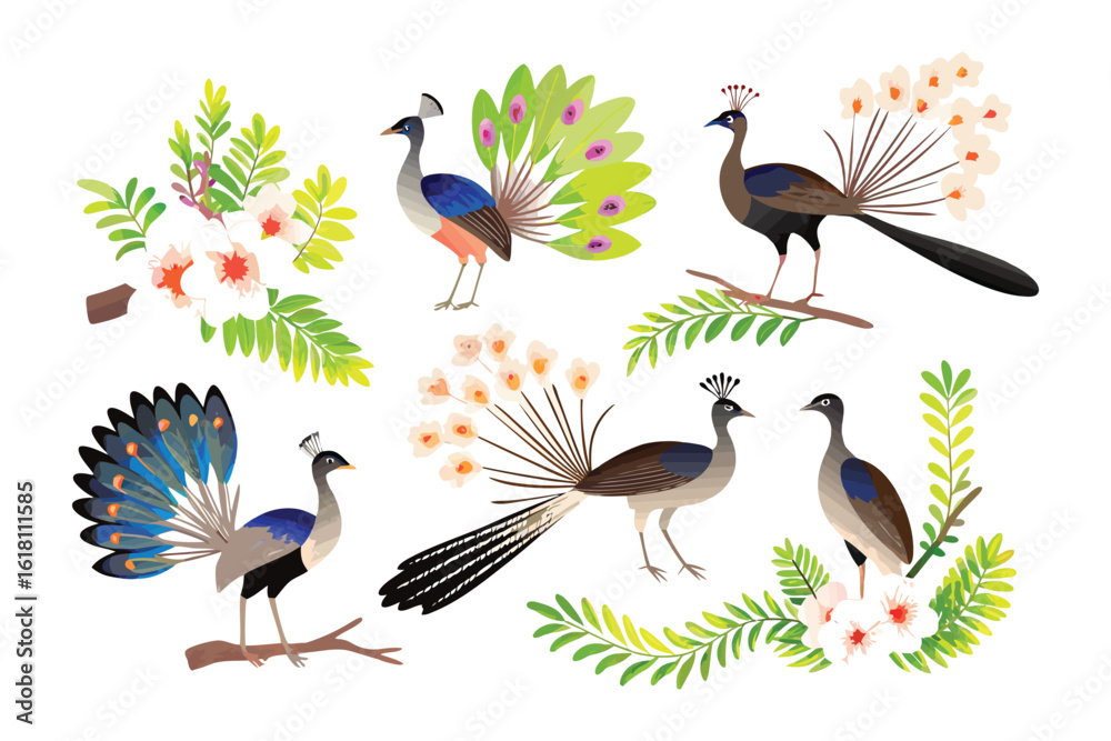 Obraz premium Peacocks in Bloom: An eye-catching, high-quality illustration showcases a gathering of majestic peacocks, each adorned with vividly colored plumage, set amidst a vibrant array of blooming flora. 