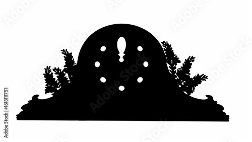 Silhouette of an ornate headboard with floral accents and decorative cutouts in a dark monochrome style