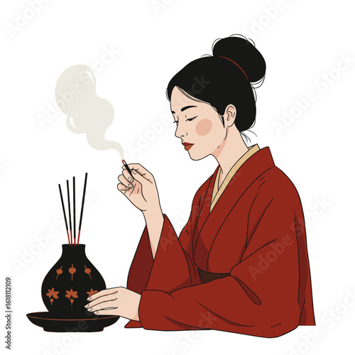 Woman lighting incense with peaceful expression, minimalist black and white line drawing, vector illustration with rich red and warm beige accents on white background