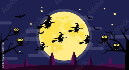 Silhouette of witches flying on broomsticks against a large yellow moon, bats, owls, and stars in the night sky, Halloween vector illustration.