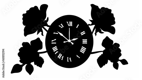 Silhouette of an oval clock with roman numerals surrounded by floral designs on a white background
