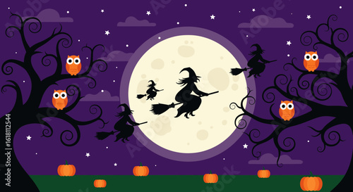 Whimsical Halloween night scene featuring silhouetted witches on broomsticks flying across a full moon, with owls perched in spooky trees and pumpkins below.