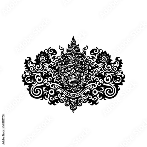 Intricate Black and White Balinese Barong Mask with Ornate Swirls.