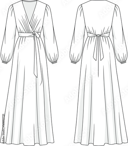 Long sleeve wrap dress technical fashion sketch, elegant maxi dress flat drawing with belt and gathers for apparel CAD design