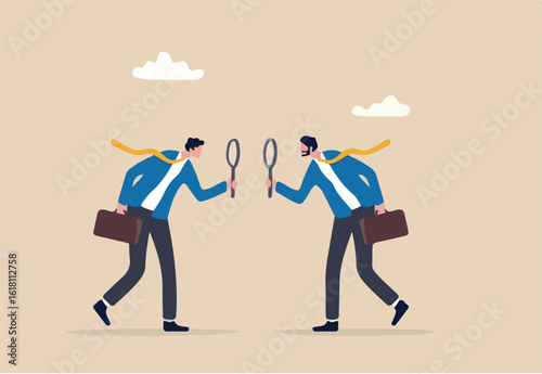 Suspicious or distrust partner, doubtful or pretending, analyzing fake or fraud, concerned or question of business transparency concept, suspicious businessman analyze each other with magnifying glass