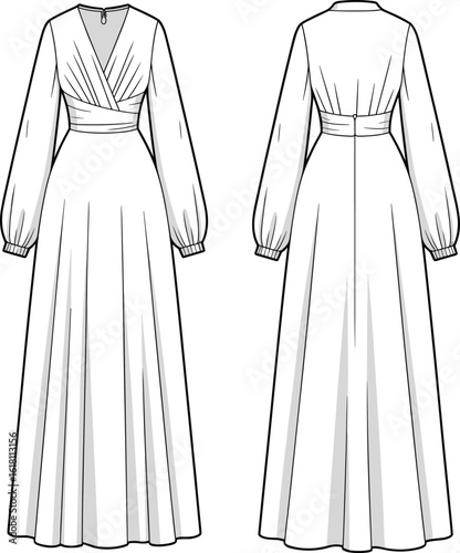 Elegant long sleeve evening dress technical flat sketch with waistband, gathered sleeves and pleated skirt for fashion design CAD drawing