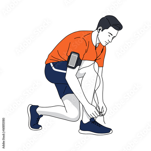 Young man tying shoelaces before a run, minimalist black and white line drawing, vector illustration with bright orange and navy accents on white background