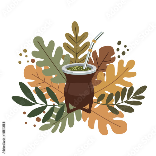 Boho yerba mate cup with straw and abstract leaves, flat vector illustration in soft earthy tones, modern artistic style, white background
