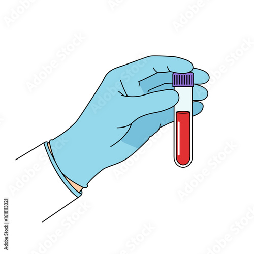 Hand holding a blood test vial with red liquid, flat vector illustration in clean medical style, isolated on white background