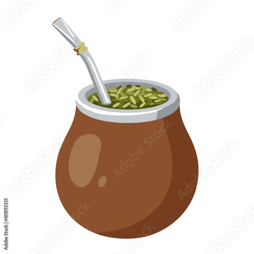 Traditional yerba mate gourd with bombilla straw and loose leaves inside, flat vector illustration in natural colors, isolated on white background