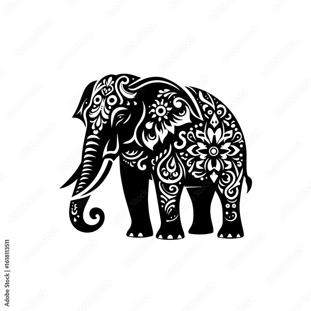 Fototapeta premium Intricate Black and White Tribal Elephant Silhouette with Floral Patterns.