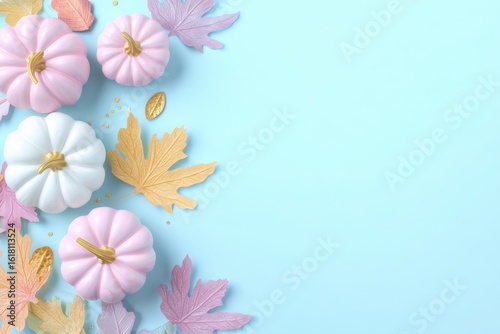 Pastel Pumpkins and Leaves on Blue Background for Autumn Decor.
