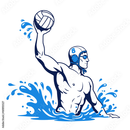 Athletic male water polo player holding ball above water with splash effects, flat vector illustration in dynamic action pose, isolated on white background