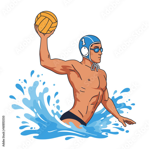 Male water polo player in action holding ball above water, flat vector illustration with splash effects and athletic pose, isolated on white background