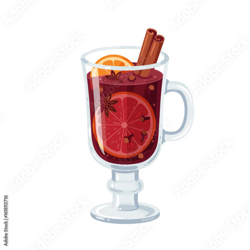 Warm mulled wine glass with visible spice textures in semi-realistic flat vector style on white background