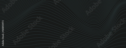 Dark background with black waves, featuring a smooth, flowing texture. The black background enhances the wavy design. Digital background vector. Black background.