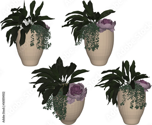 Vector design illustration of ornamental plants in earthen jars for classic vintage ethnic traditional interior decoration