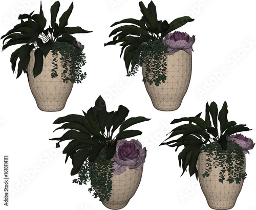 Vector design illustration of ornamental plants in earthen jars for classic vintage ethnic traditional interior decoration