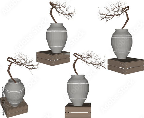 Vector design illustration of ornamental plants in earthen jars for classic vintage ethnic traditional interior decoration 