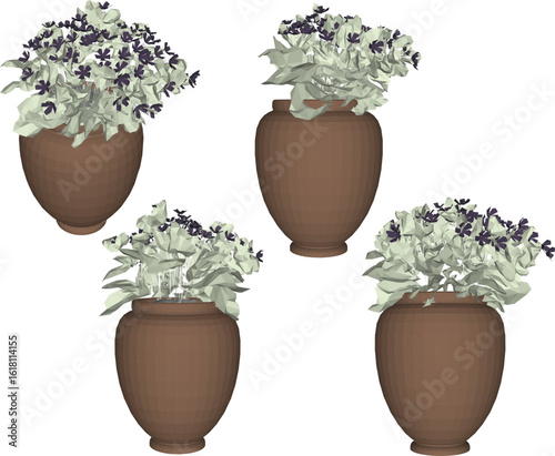 Vector design illustration of ornamental plants in earthen jars for classic vintage ethnic traditional interior decoration