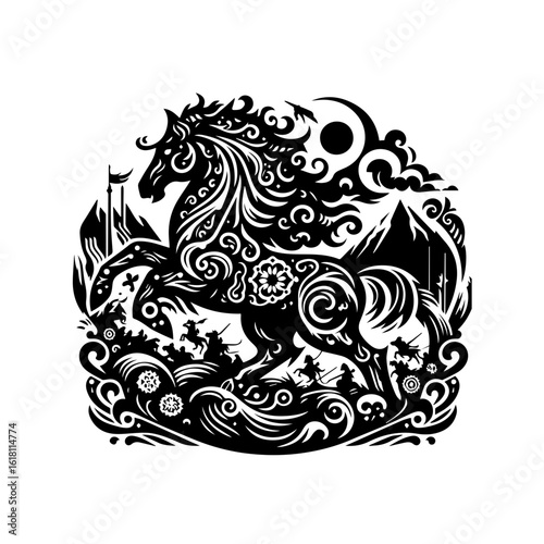 Ornate Black Silhouette of a Galloping Horse with Intricate Swirls and Figures.