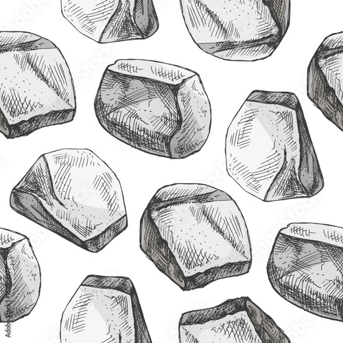 Hand drawn vintage seamless pattern of textured natural rocks in color sketch style, isolated vector illustration