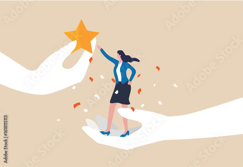 Employee success recognition, encourage and motivate best performance, cheering or honor on success or achievement concept, winning confidence businesswoman standing on big hand getting star reward.