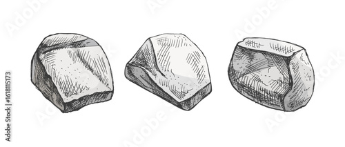 Hand drawn vintage sketch of three natural rocks in gray color with shadows, isolated vector illustration