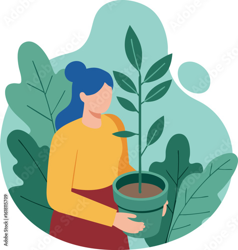 Woman holding potted plant with green leaves gardening and nature care vector illustration 