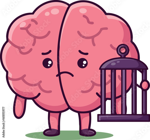 Brain character holding empty cage symbolizing mental confinement and emotional struggle vector illustration 