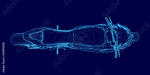 A detailed blueprint of a motorbike on a blue background highlights the sleek contour and mechanical design. The technical drawing showcases precise lines, engine components, and frame structure.
