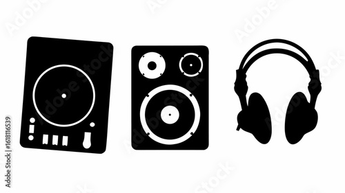 Silhouette illustration of a turntable, speaker, and headphones arranged side by side on a white background | editable eps vectors