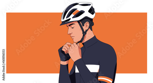 Cyclist adjusting helmet in clean vector illustration, flat minimalist style with sporty active lifestyle theme