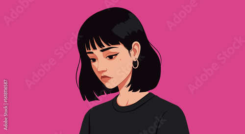 Girl showing quiet sadness, medium close-up, clean flat vector illustration, minimalist style with bold color blocks, no outlines, smooth shading