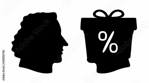 Silhouette of a head facing a gift box with a percentage sign symbolizing promotion or discount offer | editable eps vectors