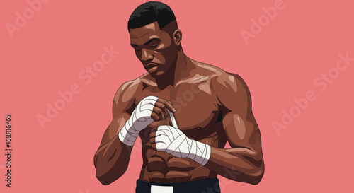 Boxer wrapping hands in clean vector illustration, flat minimalist style, preparing for training or fight