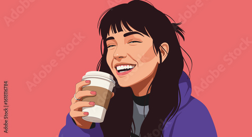 Girl smiling brightly holding cup of coffee, clean flat vector illustration, minimalist style with bold color blocks, no outlines, smooth shading