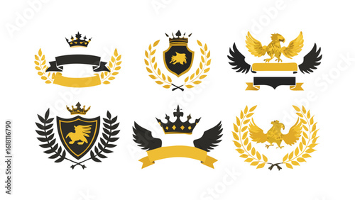 Collection of heraldic emblems featuring crowns eagles and laurel wreaths art