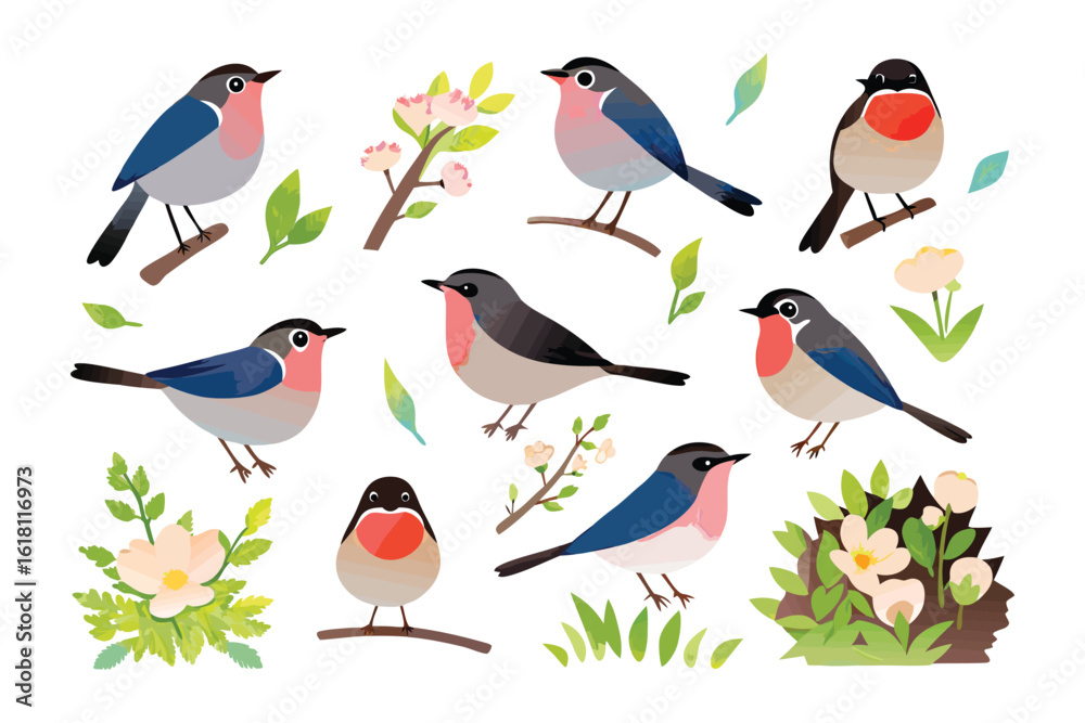 Obraz premium Joyful Bird Collection: A vibrant collection of cartoon birds with charming pink chests and playful postures. The birds are placed among delicate leaves and blossoming branches.