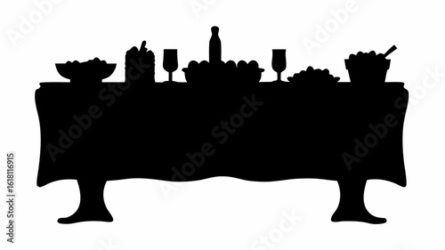 Silhouette of a table laden with bowls, glasses, and a bottle, covered with a tablecloth design element | editable eps vectors