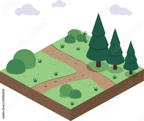 Isometric green landscape with pine trees bushes and dirt paths in natural style vector illustration 